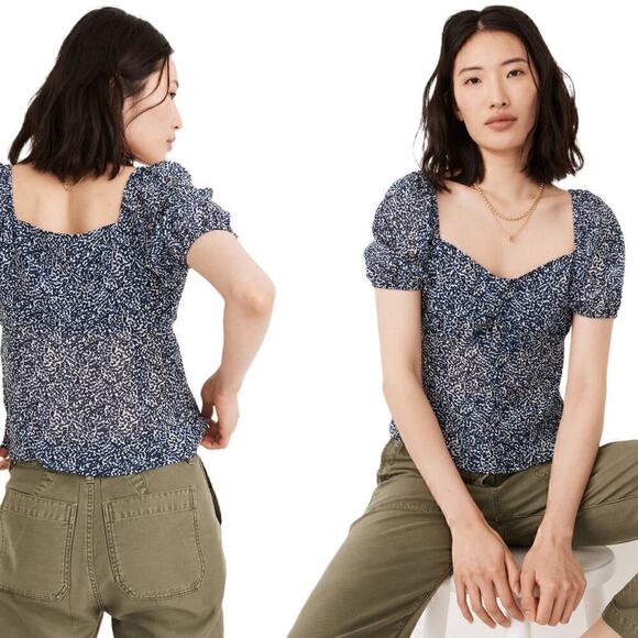 Madewell Tops - Madewell Blue Indigo Bengali Blockprint Chiffon Sweetheart Lined Blouse Size 2